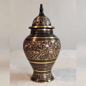 Etched Black Brass Gold Flower Motif Vase with Lid / Urn - India Home Decor 9"in